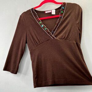 Vintage Y2K Deb Knit Top L Brown Sequin Beads Mesh Trim Crossover V Neck Boho